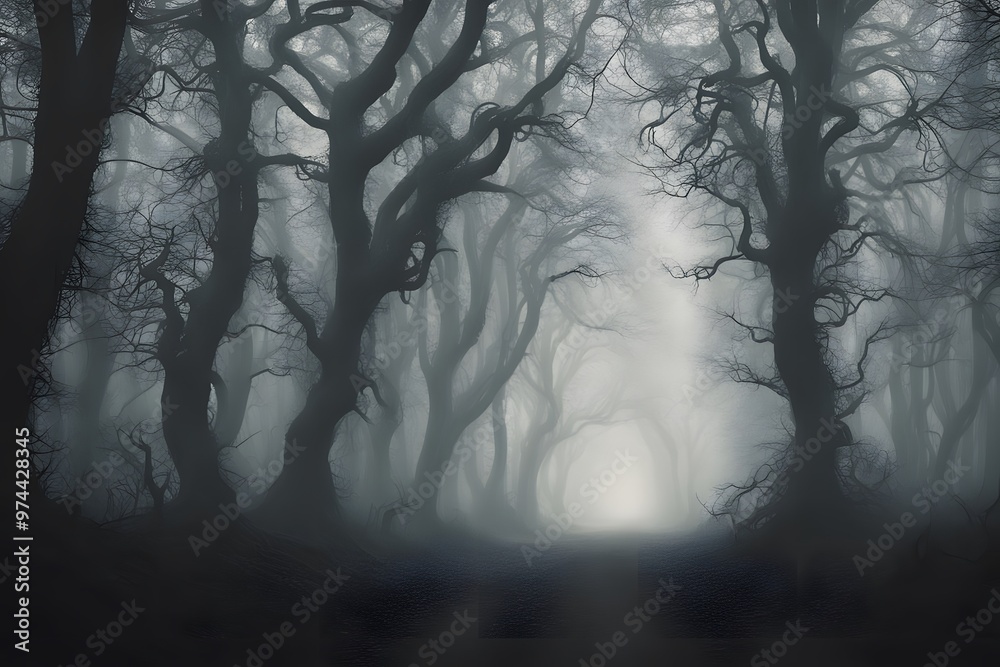 Obraz premium A shadowy forest filled with twisted tree silhouettes and eerie mist with faint lights glowing, AI Generated