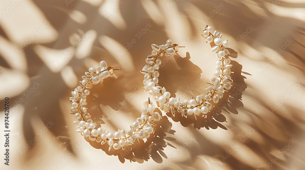 Elegant circle earrings with pearls on beige background top view Elegant circle earrings with pearls on beige background top view