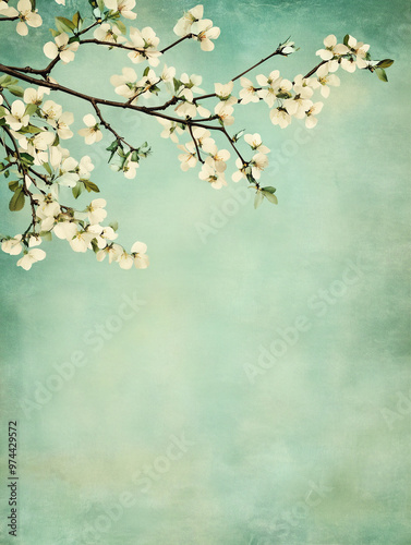Vintage teal cherry blossom branch spring floral watercolor artistic elegant nature background pastel delicate botanical serene romantic overlay feminine illustration classic design textured