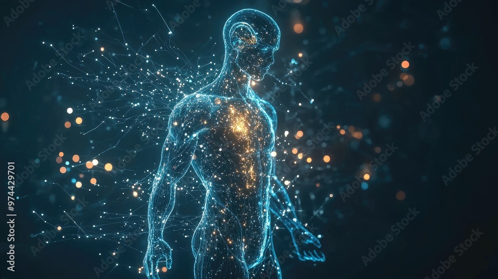 A 3D-rendered human body with circuits and light trails showing the integration of biology and technology. A 3D-rendered human body with circuits and light trails showing the integration of biology and technology.