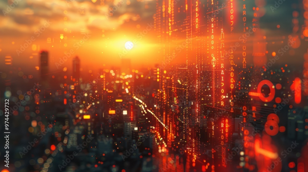 Obraz premium Digital Sunset over Cityscape