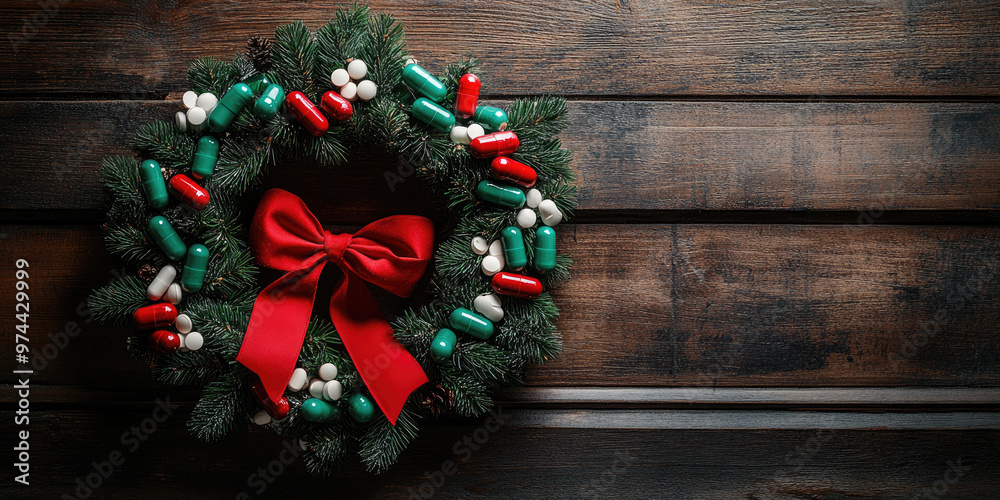 Christmas wreath decorated with pills hanging on a wooden door, illustrating the concept of overindulging in food and drinks during the holiday season Christmas wreath decorated with pills hanging on a wooden door, illustrating the concept of overindulging in food and drinks during the holiday season