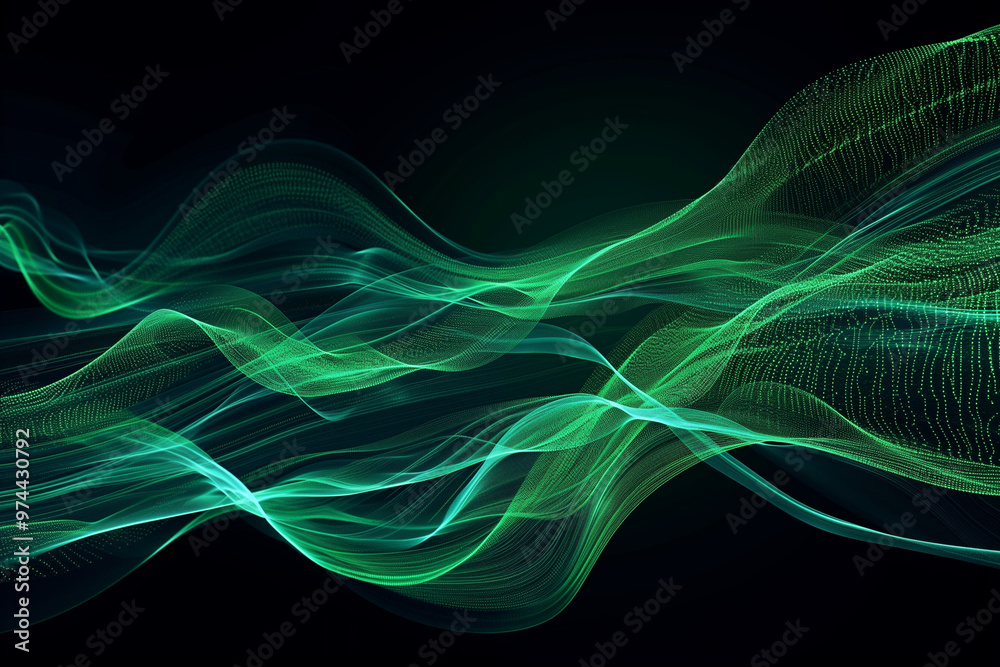 Dynamic green wave lines trails flowing on black background representing ai technology Dynamic green wave lines trails flowing on black background representing ai technology