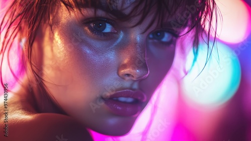 A close-up of a woman's face with neon reflections on her skin creating an enigmatic aesthetic blending vibrant color patterns against a modern nightlife backdrop.