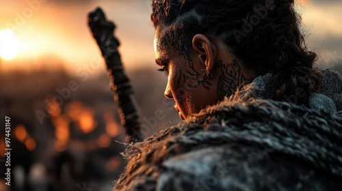 A warrior with braided hair and intricate tattoos stands against a sunset, holding a weapon with unwavering focus, embodying strength and determination. photo