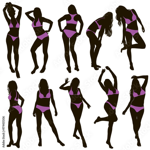 Collection of many vector silhouettes of women in bikini  in different poses. Illustration of beautiful sexy girls isolated on white background. Black profile of slim woman body.