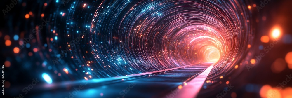 A radiant tunnel of digital lights, representing the future of technology and data transmission, creating a sleek technological backdrop.