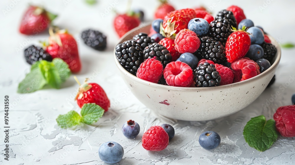 A bowl of mixed berries with some scattered around the bowl. A bowl of mixed berries with some scattered around the bowl.