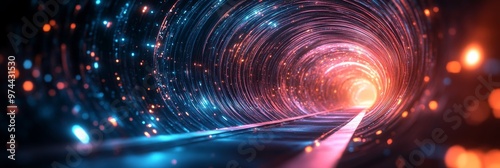 Obraz na płótnie A radiant tunnel of digital lights, representing the future of technology and data transmission, creating a sleek technological backdrop. w salonie