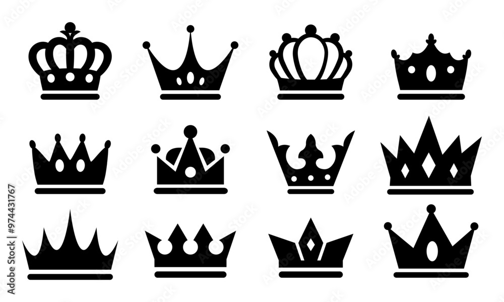 Vector Crown Set. Set of 12 Crown Illustrations. Every crown is isolated on a different layer. silhouette black color vector art illustration Vector Crown Set. Set of 12 Crown Illustrations. Every crown is isolated on a different layer. silhouette black color vector art illustration