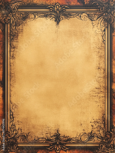 Vintage parchment ornate frame antique textured background grunge brown gold decorative border classic aged paper design blank aged document victorian retro elegance baroque stationery