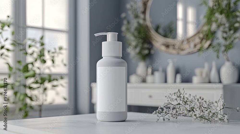 A blank pump bottle mockup in a sophisticated beauty salon setting, ideal for showcasing skincare or beauty product labels. A blank pump bottle mockup in a sophisticated beauty salon setting, ideal for showcasing skincare or beauty product labels.