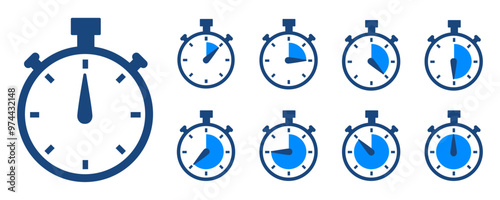 A set of stopwatch with different time. Countdown in seconds. Vector icons.