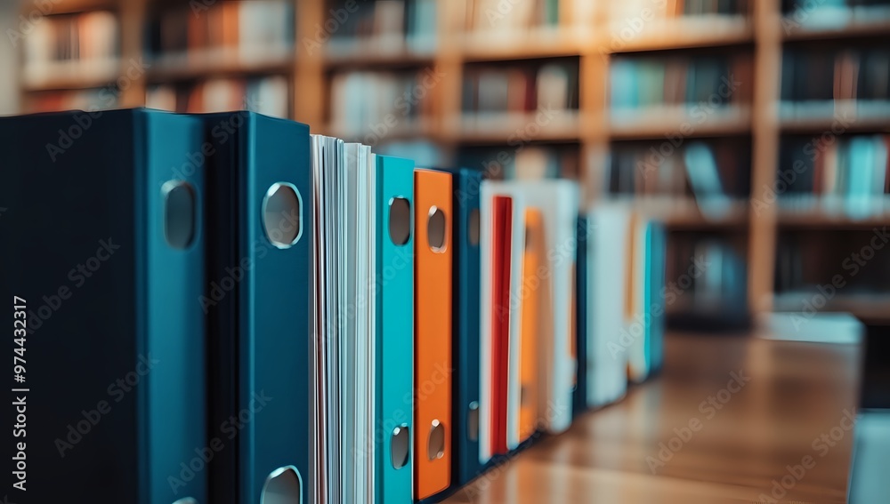 Colorful binders on a bookshelf in a library. Colorful binders on a bookshelf in a library.