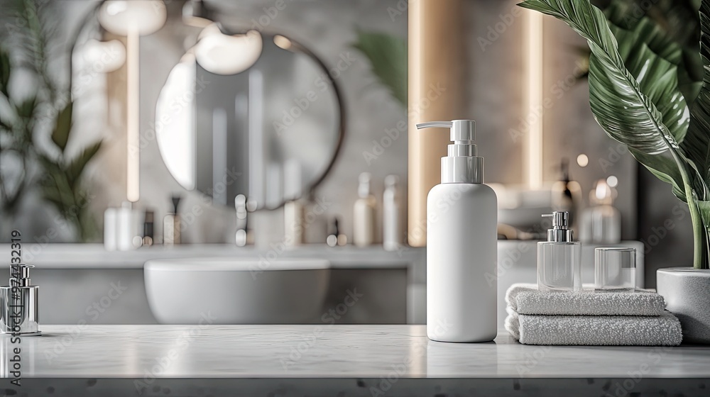 A blank pump bottle mockup in a sophisticated beauty salon setting, ideal for showcasing skincare or beauty product labels. A blank pump bottle mockup in a sophisticated beauty salon setting, ideal for showcasing skincare or beauty product labels.