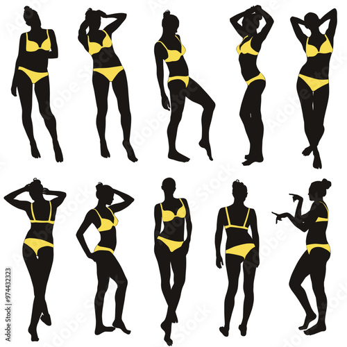 Vector silhouettes of beautiful girls in bikini isolated on white background. Icons of woman in standing  poses. Sexy ladys.
