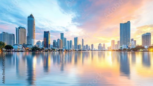 Cityscape at Sunset with Reflections