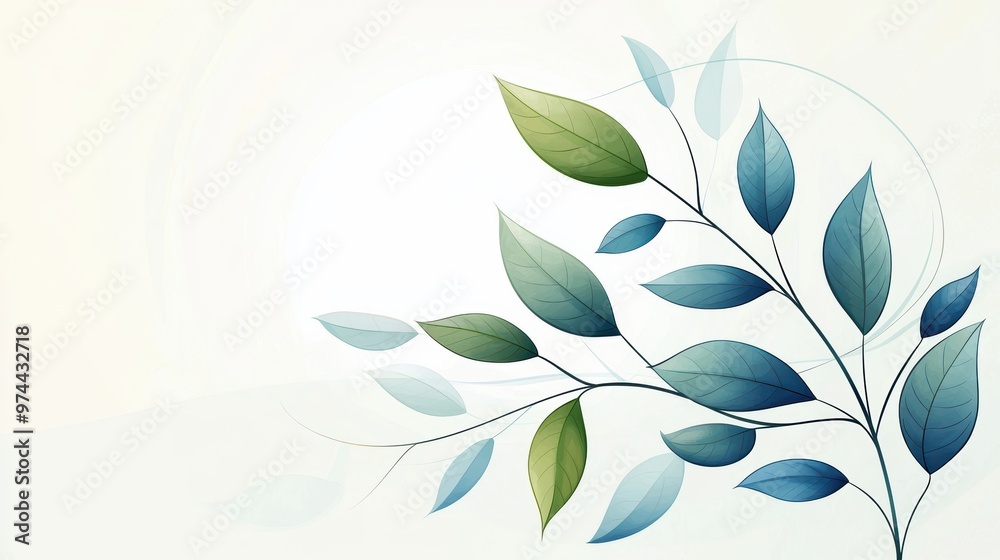 Minimalist botanical illustration featuring delicate green and blue leaves on a soft background Minimalist botanical illustration featuring delicate green and blue leaves on a soft background