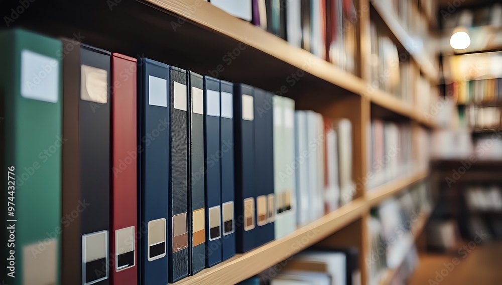 Close-up of colorful binders on a bookshelf. Close-up of colorful binders on a bookshelf.