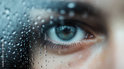 A striking close-up image of a blue eye seen through a window covered in raindrops, representing introspection and melancholy, captured in a hyper-realistic style. photo