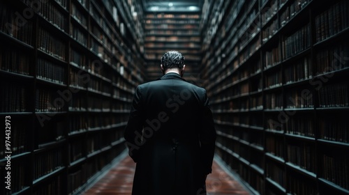 A photograph of a man standing alone in a vast, dimly-lit corridor lined with books, evoking a sense of solitude, intellectualism, and timelessness in a grand library setting.