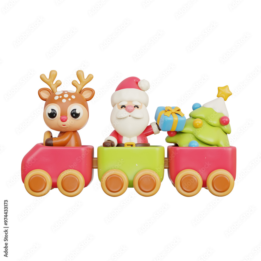 Obraz premium 3D Christmas toy train with reindeer, Santa and gift