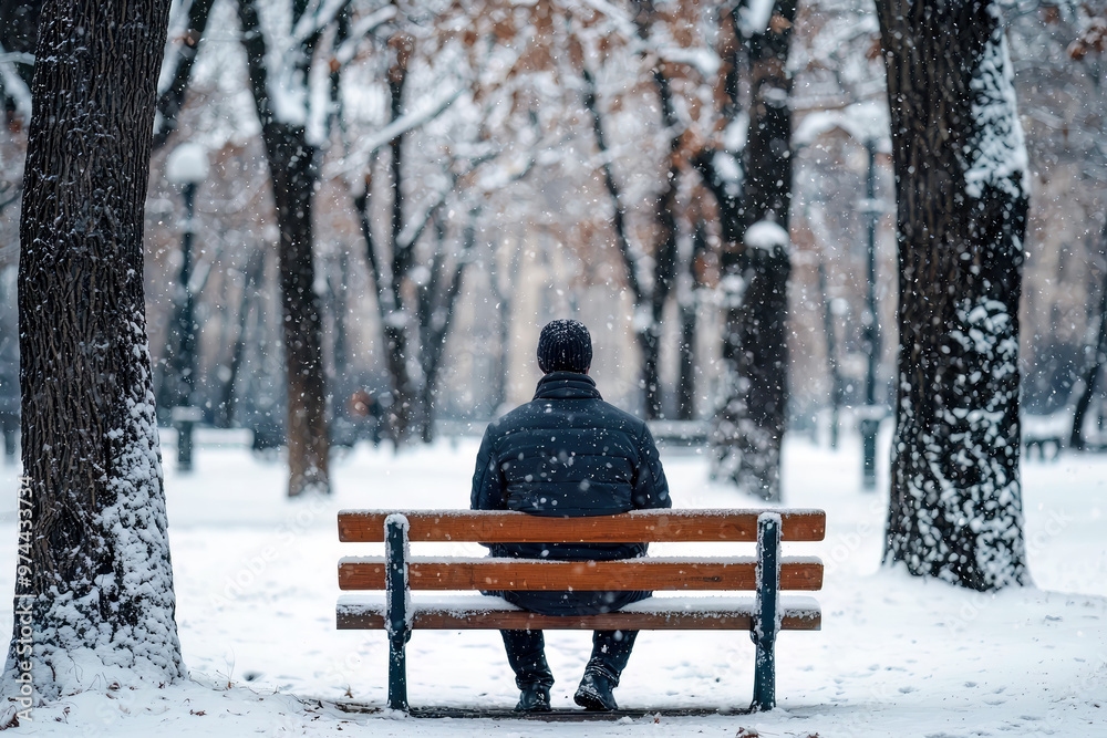 Man sitting on a bench in winter Man sitting on a bench in winter