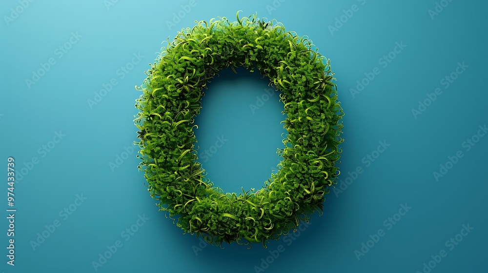 green grass letter O on blue background green grass letter O on blue background