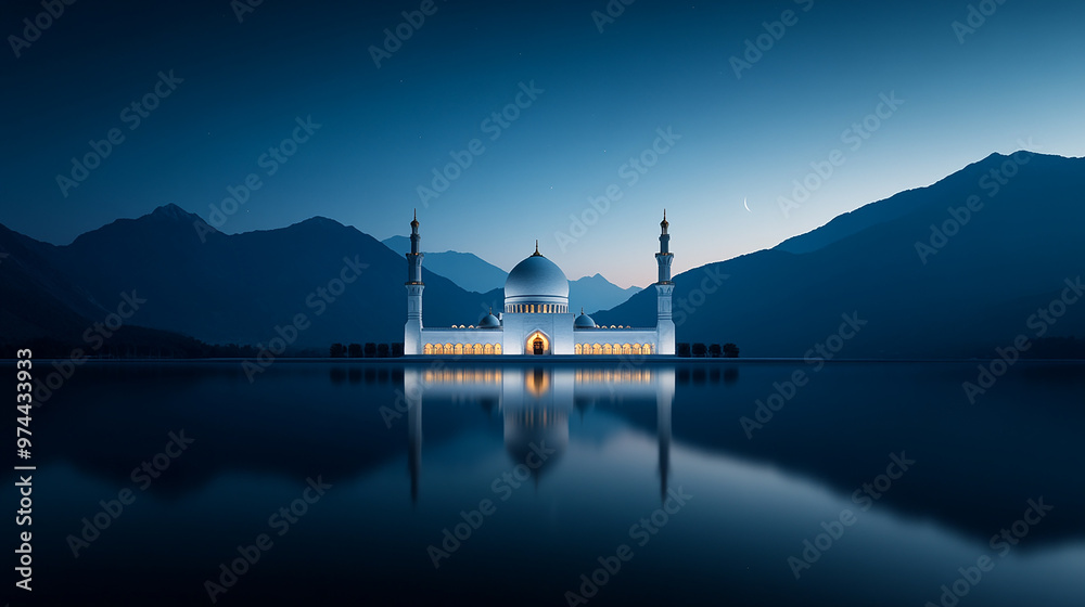 Serene Background of Moonlit Mosque with Reflection on Water Serene Background of Moonlit Mosque with Reflection on Water