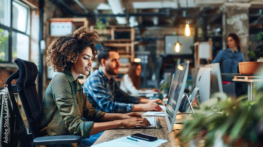A woman sits at a desk working on a computer in an office. A woman sits at a desk working on a computer in an office.