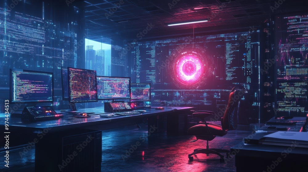Futuristic Cyberpunk Control Room with Glowing Holographic Interface Futuristic Cyberpunk Control Room with Glowing Holographic Interface