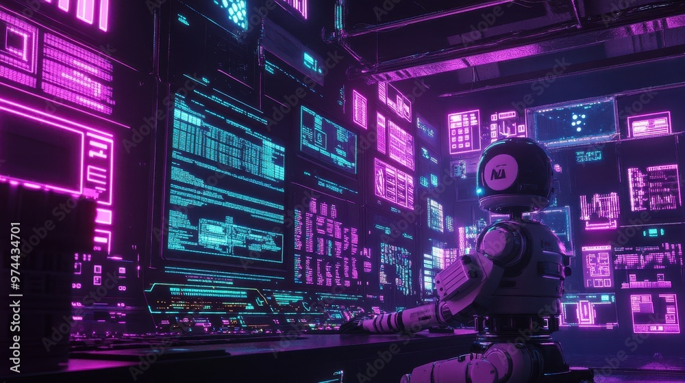 Futuristic Cyberpunk Control Room with Holographic Displays and Neon Lighting Futuristic Cyberpunk Control Room with Holographic Displays and Neon Lighting