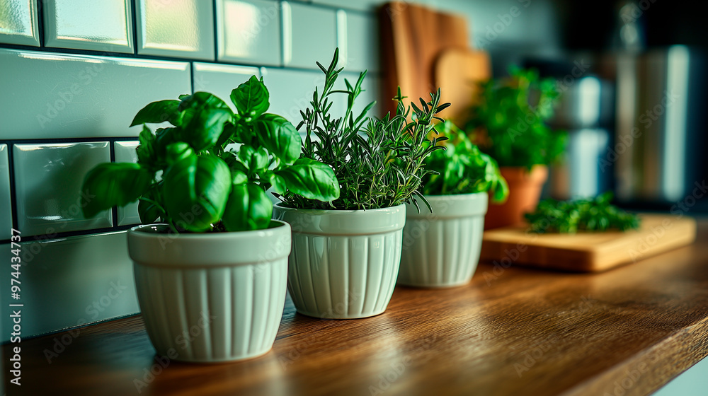 Minimalist Kitchen with Fresh Potted Herbs on the Counter Minimalist Kitchen with Fresh Potted Herbs on the Counter