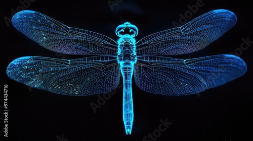 Glowing blue dragonfly wings radiate against a captivating black backdrop, creating an ethereal insect-inspired visual