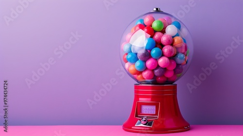Gumball machine with colorful bubble gum on pink and purple background