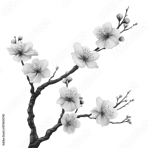 Tree Branch with Blossom Drawing Nature Isolated on Transparent or White Background, PNG
