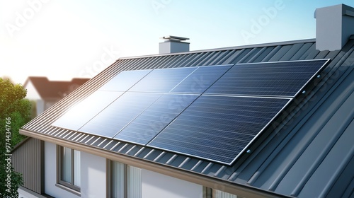 Solar panels installed on a residential roof, providing clean energy.