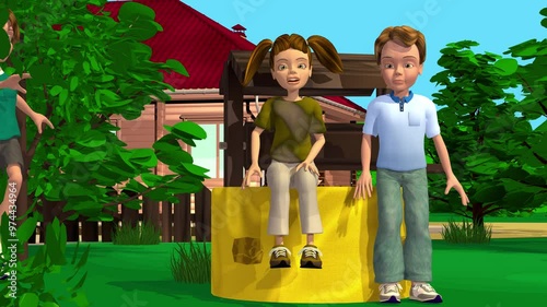 3d animation, a group of cartoons characters, waiting, speaking, walking, skipping on park near a water well 