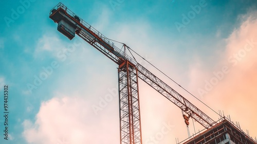 An industrial construction crane stands tall against a vibrant blue sky, dominating the construction site photo