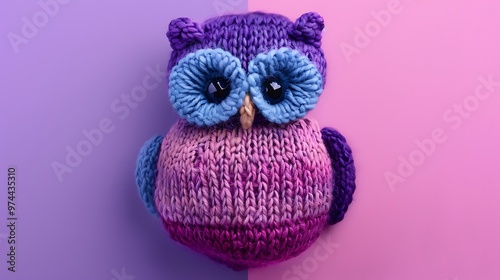 Hand puppets for children day colorful owl puppet knit from yarn funny handmade gift for child day on pink and purple background photo