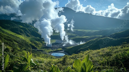 Smoke billows from a geothermal plant in a lush valley surrounded by mountains. photo