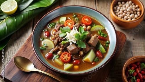 A vibrant bowl of hearty vegetable and tofu soup garnished with fresh herbs and cherry tomatoes, surrounded by ingredients like chickpeas and lime, showcasing a healthy and colorful meal