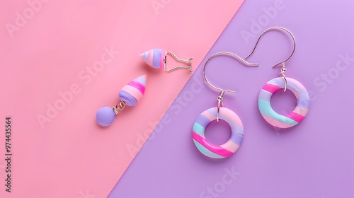 Handmade jewelry earrings and ring made of polymer clay lies on pink and purple background