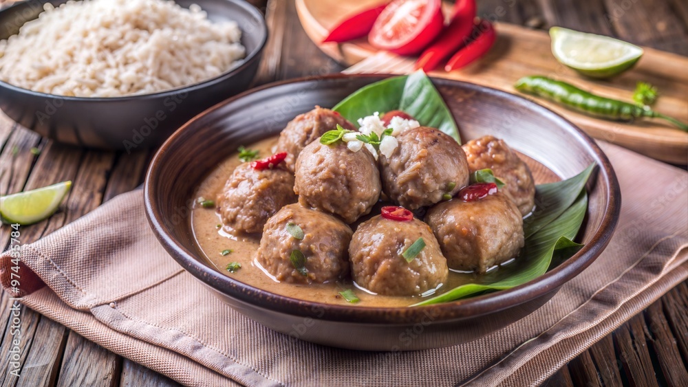 A delicious bowl of meatballs in a rich, flavorful sauce garnished with herbs and chili peppers, accompanied by a side of rice and fresh vegetables, perfect for a hearty meal A delicious bowl of meatballs in a rich, flavorful sauce garnished with herbs and chili peppers, accompanied by a side of rice and fresh vegetables, perfect for a hearty meal