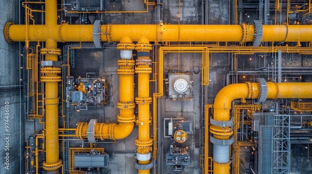 An overhead view of a gas plant with yellow pipes and valves crisscrossing the facility. An overhead view of a gas plant with yellow pipes and valves crisscrossing the facility.