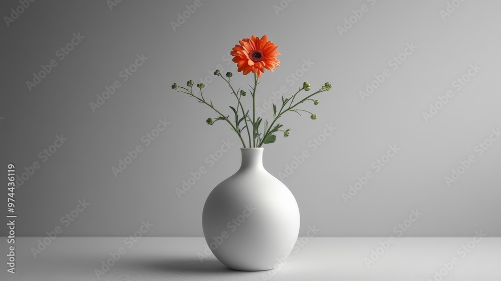 A clean modern birthday setup with muted grey tones and a single flower in a vase as a centerpiece, space for text on background A clean modern birthday setup with muted grey tones and a single flower in a vase as a centerpiece, space for text on background