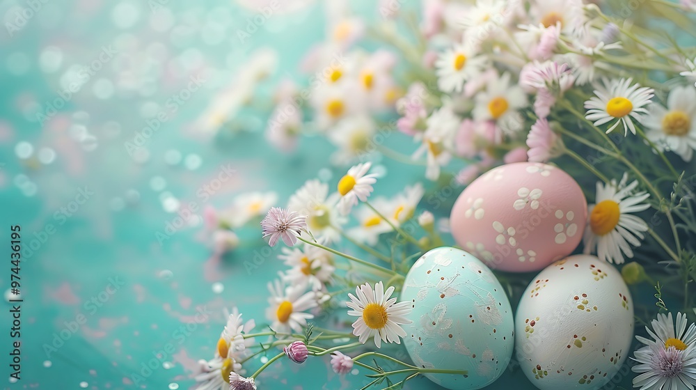 Happy easter congratulatory Easter background Easter eggs and flowers Happy easter congratulatory Easter background Easter eggs and flowers