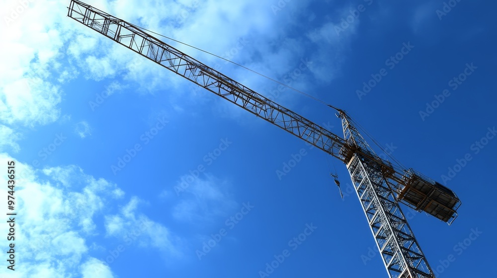 At the construction site, the industrial crane reaches into the blue sky, embodying the aspirations and efforts of the builders below. 