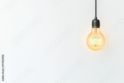 A minimalist hanging light bulb, warm glow, soft shadows, isolated on white background