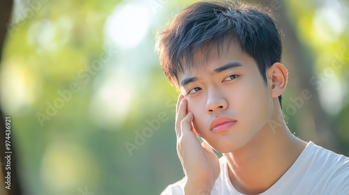 Battling dry skin, a young Asian man scratches often, seeking relief from the itchiness. The lack of moisture leaves his skin feeling rough and uncomfortable.